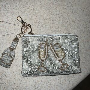 Coin purse beaded NWT gold/silver/cream/white champagne glass